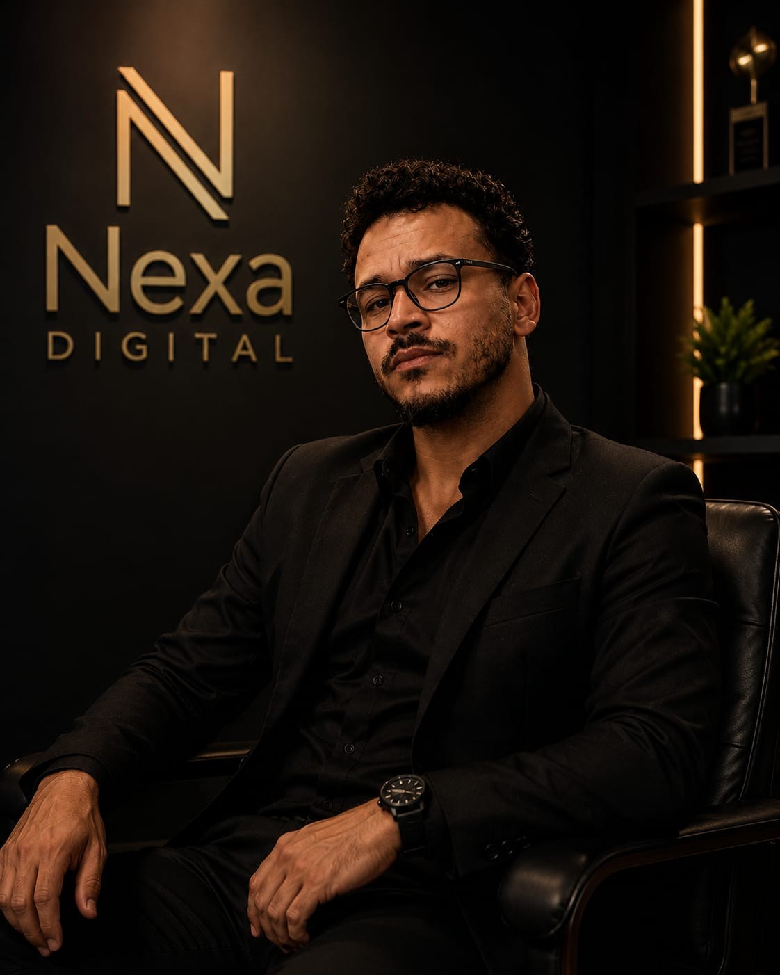 Especialista da Nexa Digital em ambiente executivo com a marca ao fundo
