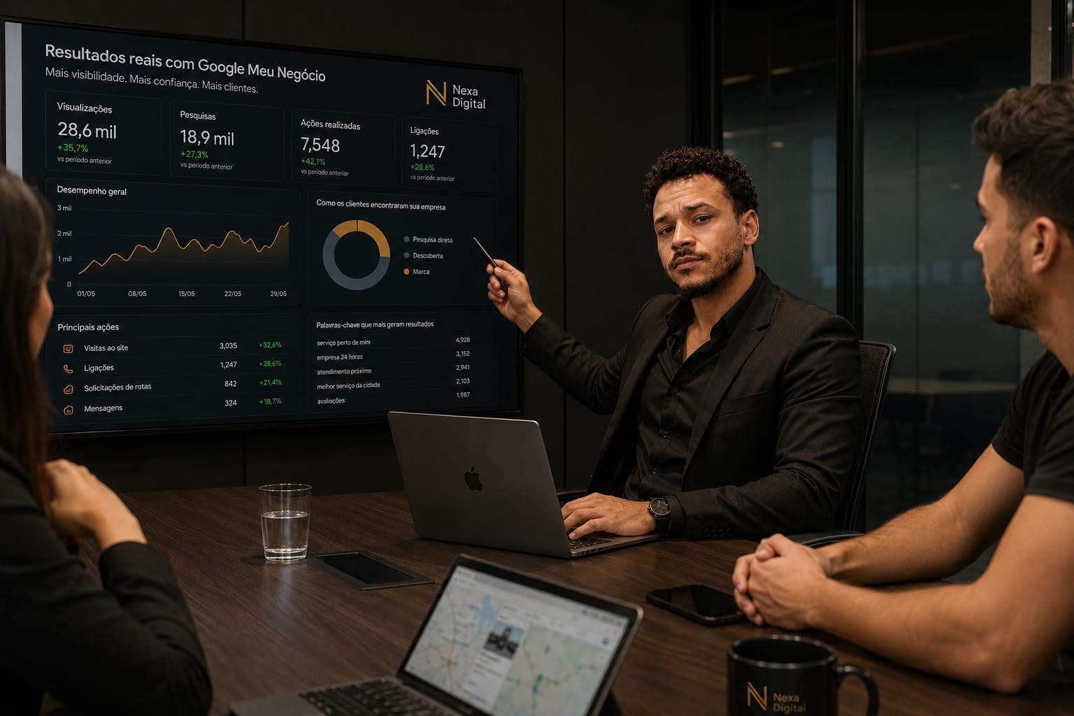 Reunião estratégica mostrando resultados de Google Meu Negócio em painel